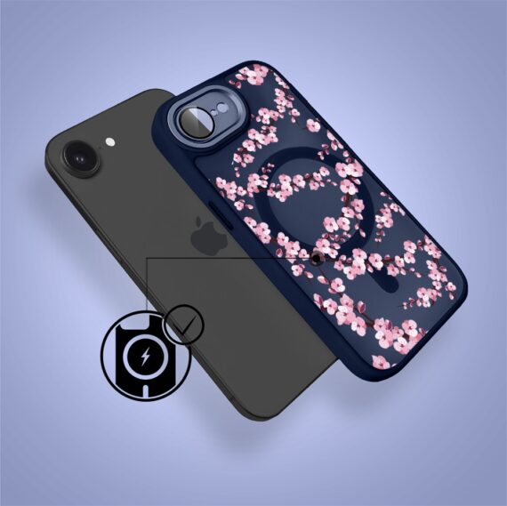 Etui do iPhone 16e Color Flush z Magsafe, z osłoną aparatu, sakura kwiat wiśni, granatowe (8)