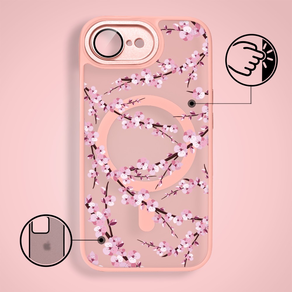 Etui do iPhone 16e Color Flush z Magsafe, z osłoną aparatu, sakura kwiat wiśni, różowe (6)