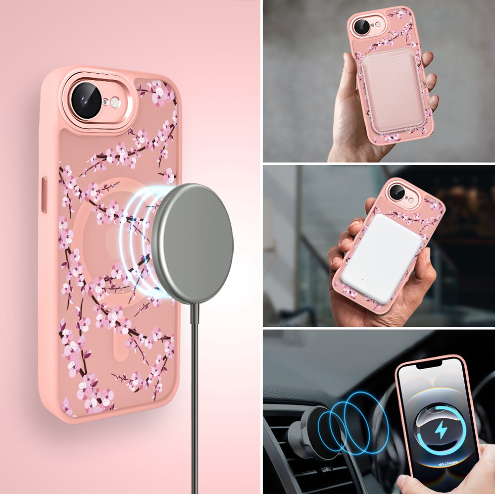 Etui do iPhone 16e Color Flush z Magsafe, z osłoną aparatu, sakura kwiat wiśni, różowe (7)