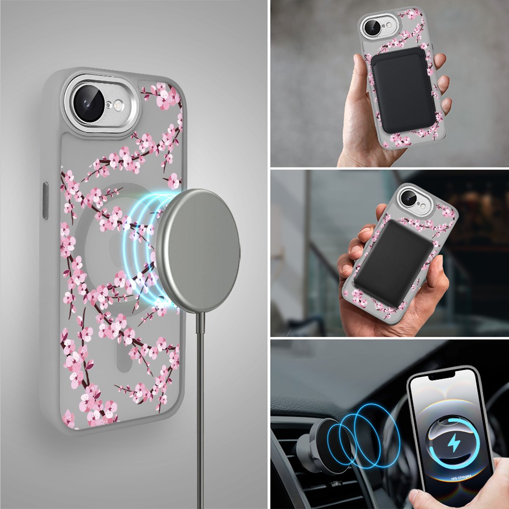 Etui do iPhone 16e Color Flush z Magsafe, z osłoną aparatu, sakura kwiat wiśni, tytanowe (6)