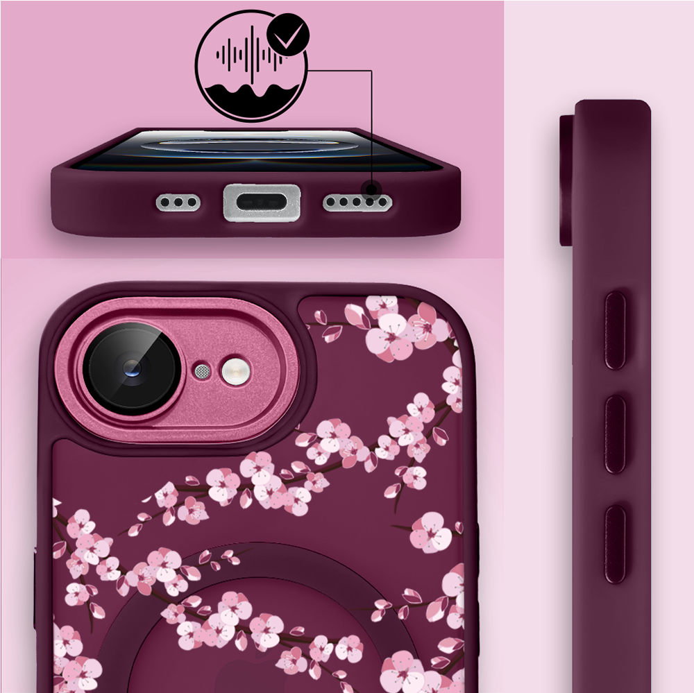 Etui do iPhone 16e Color Flush z Magsafe, z osłoną aparatu, sakura kwiat wiśni, wiśniowe (4)
