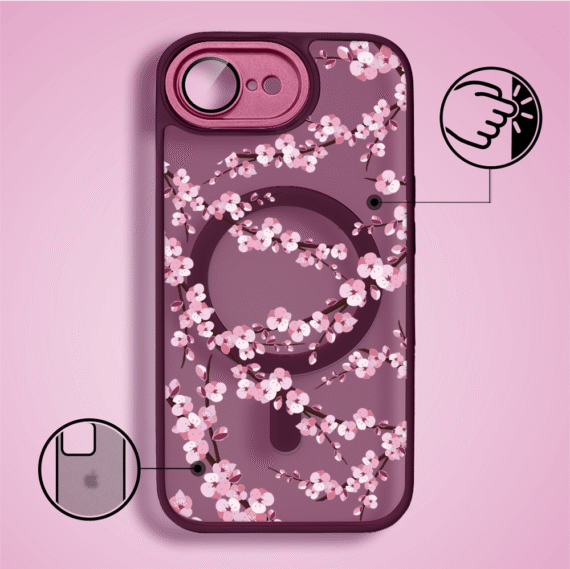 Etui do iPhone 16e Color Flush z Magsafe, z osłoną aparatu, sakura kwiat wiśni, wiśniowe (6)