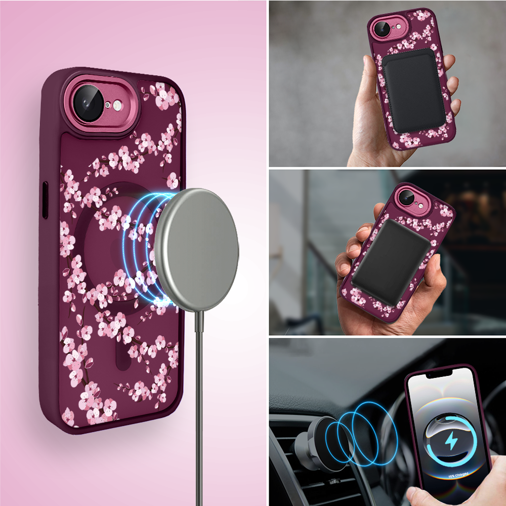 Etui do iPhone 16e Color Flush z Magsafe, z osłoną aparatu, sakura kwiat wiśni, wiśniowe (7)