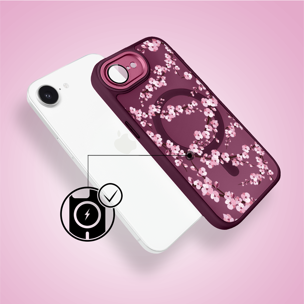 Etui do iPhone 16e Color Flush z Magsafe, z osłoną aparatu, sakura kwiat wiśni, wiśniowe (8)