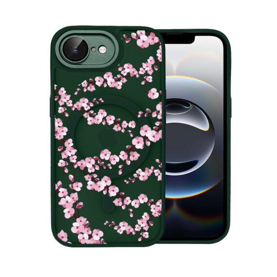 Etui do iPhone 16e Color Flush z Magsafe, z osłoną aparatu, sakura kwiat wiśni, zielone (2)
