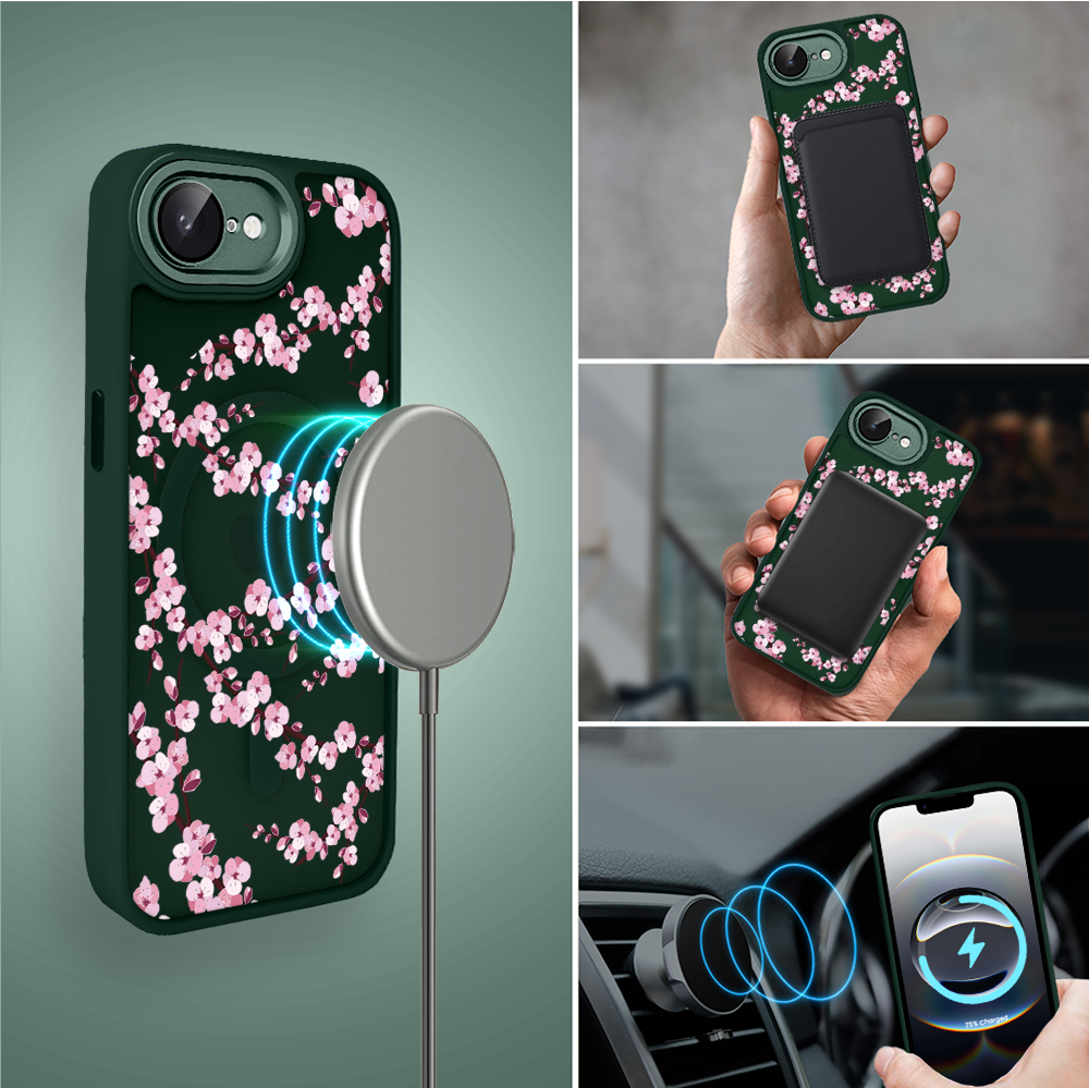Etui do iPhone 16e Color Flush z Magsafe, z osłoną aparatu, sakura kwiat wiśni, zielone (4)