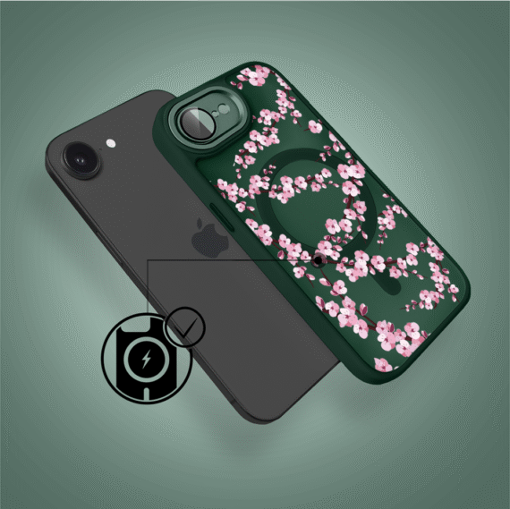 Etui do iPhone 16e Color Flush z Magsafe, z osłoną aparatu, sakura kwiat wiśni, zielone (5)