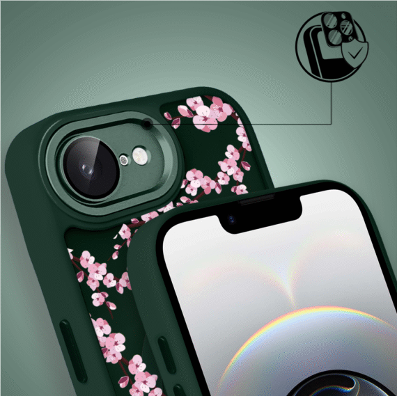 Etui do iPhone 16e Color Flush z Magsafe, z osłoną aparatu, sakura kwiat wiśni, zielone (6)