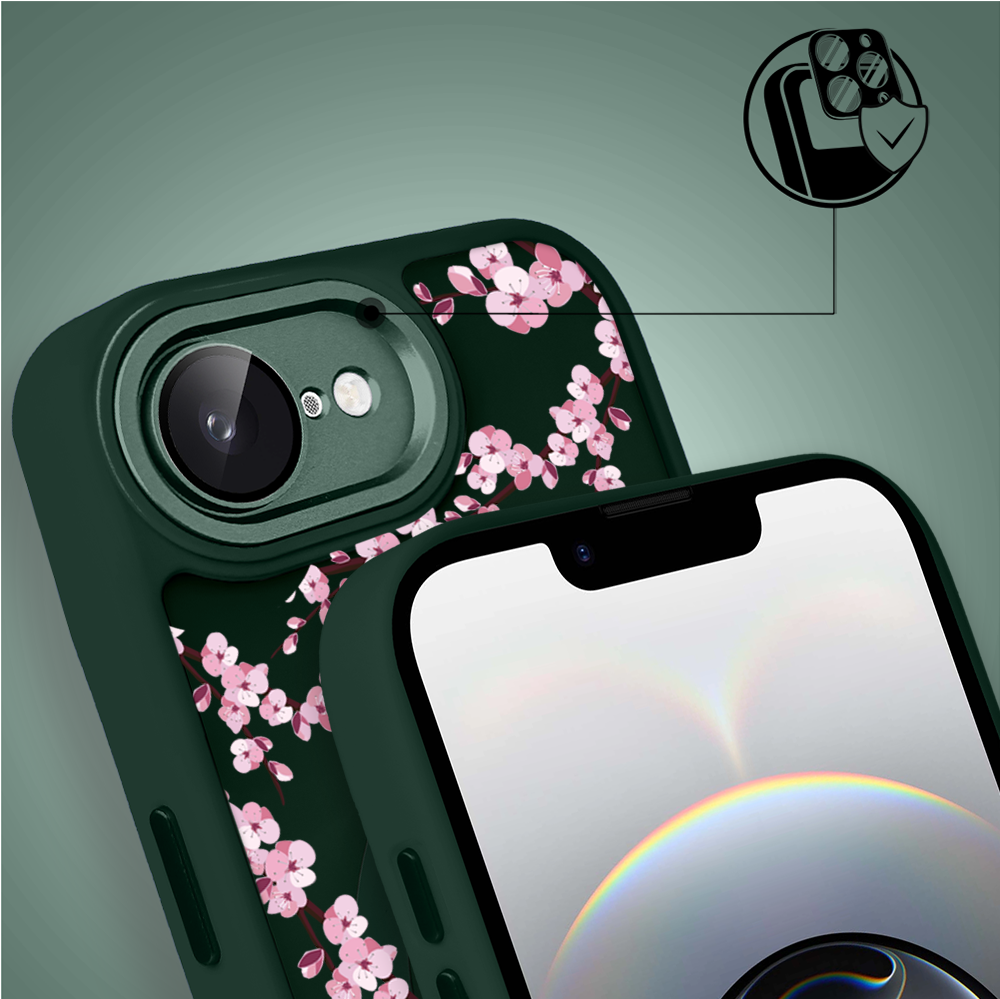 Etui do iPhone 16e Color Flush z Magsafe, z osłoną aparatu, sakura kwiat wiśni, zielone (6)