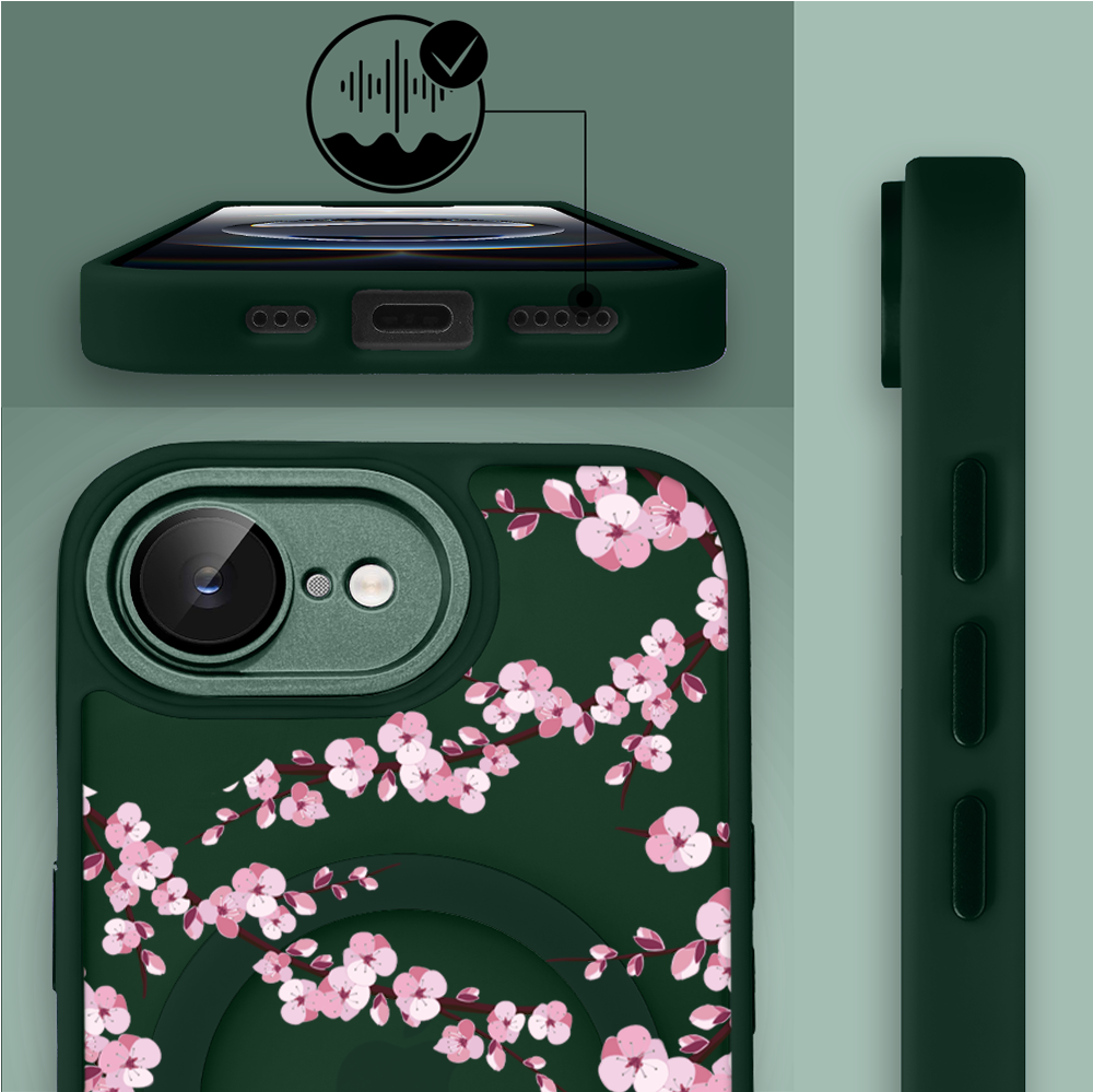 Etui do iPhone 16e Color Flush z Magsafe, z osłoną aparatu, sakura kwiat wiśni, zielone (7)