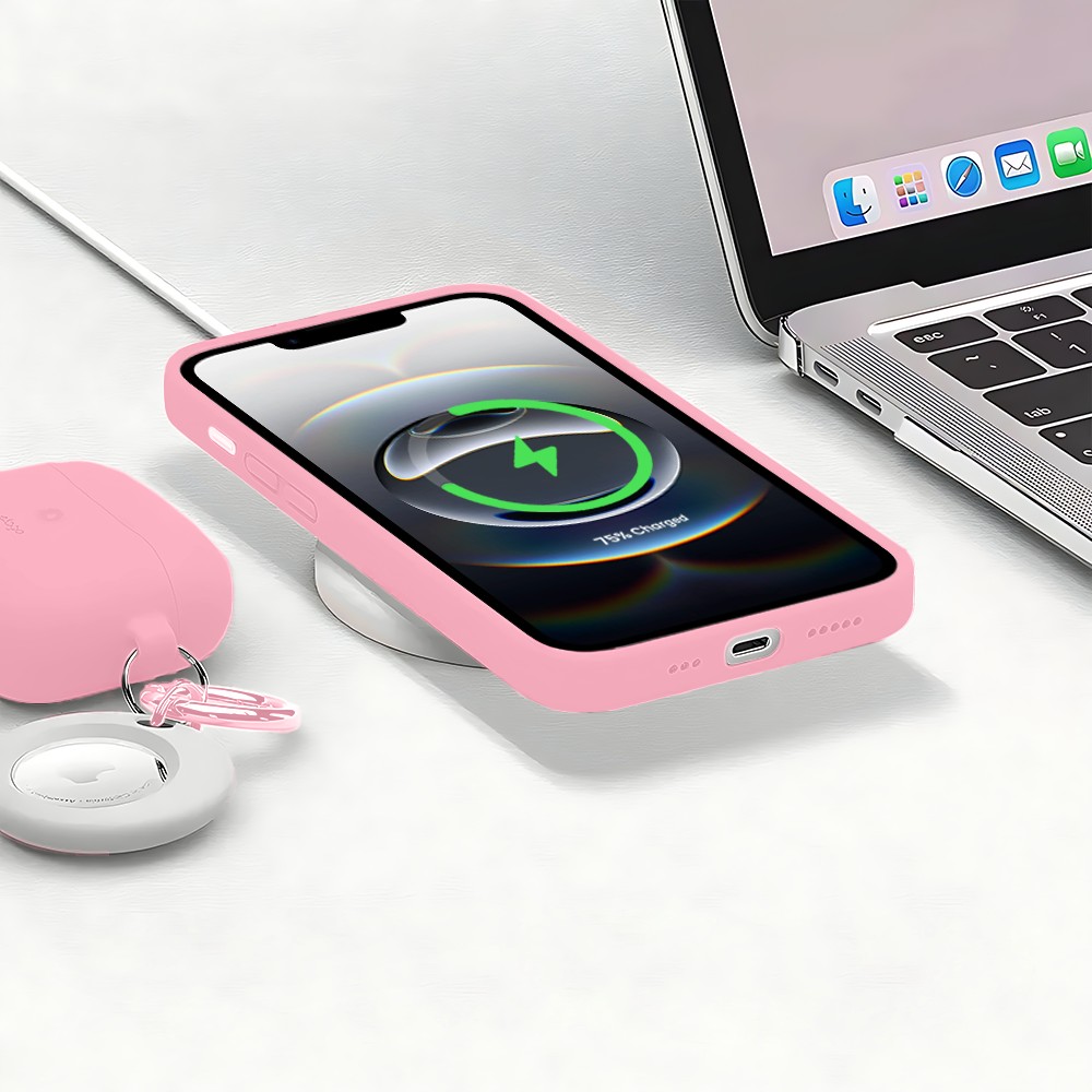 Etui do iPhone 16e silikonowe z mikrofibrą soft touch, jasny róż (5)