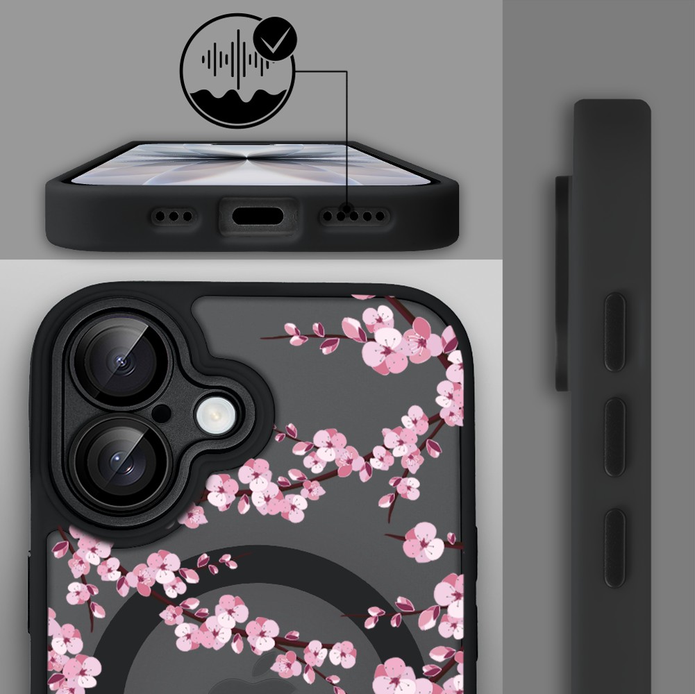 Etui do iPhone 17 Color Flush z MagSafe, z osłoną aparatu, sakura kwiat wiśni, czarne (7)