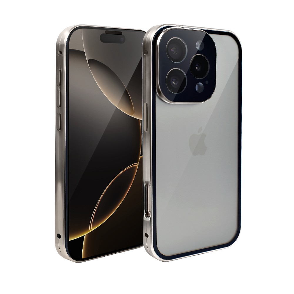 Obudowa do iPhone 16 Pro podwójna szyba i polerowane aluminium 360° magnetyczna, z osłoną aparatu, tytanowa