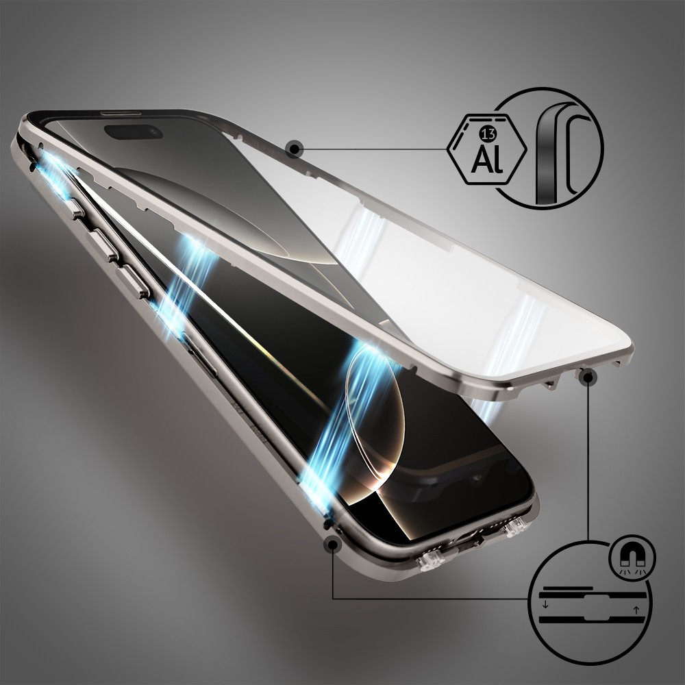 Obudowa do iPhone 16 Pro Max podwójna szyba i polerowane aluminium 360° magnetyczna, z osłoną aparatu, tytanow (6)