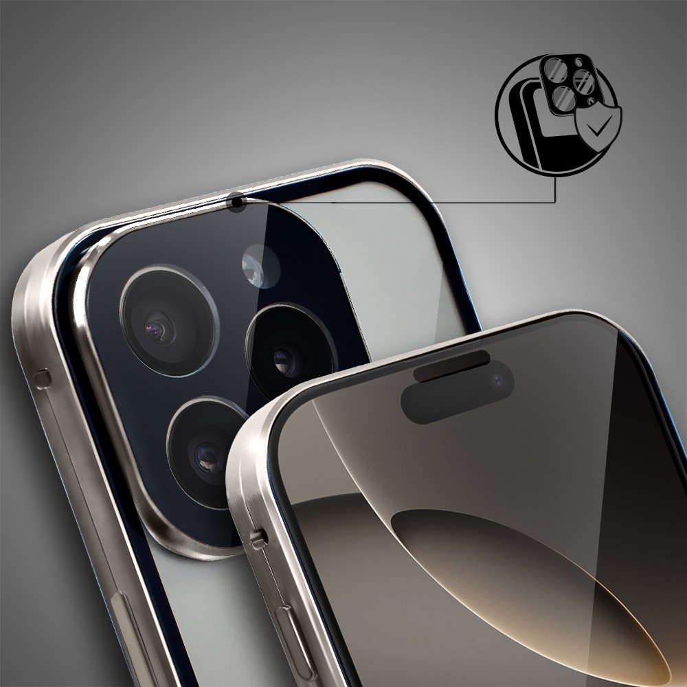 Obudowa do iPhone 16 Pro Max podwójna szyba i polerowane aluminium 360° magnetyczna, z osłoną aparatu, tytanow (9)