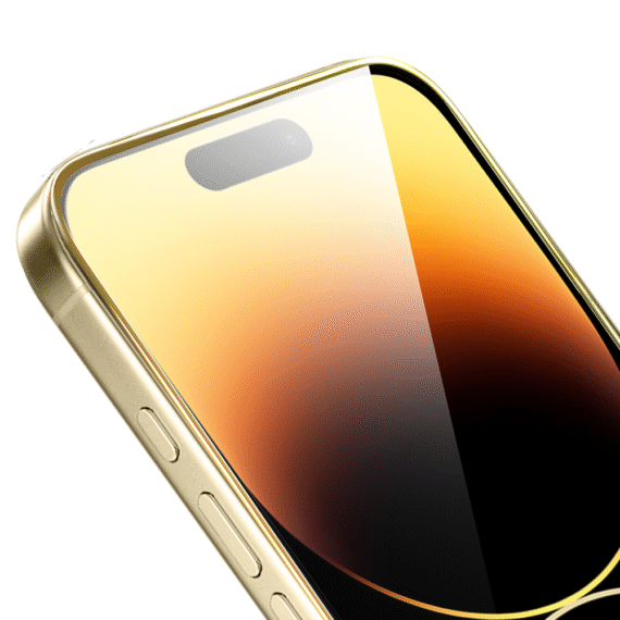Szkło hartowane 9H do iPhone 14 Pro Max, twarde wzmocnione z metalizowaną złotą ramką (1)