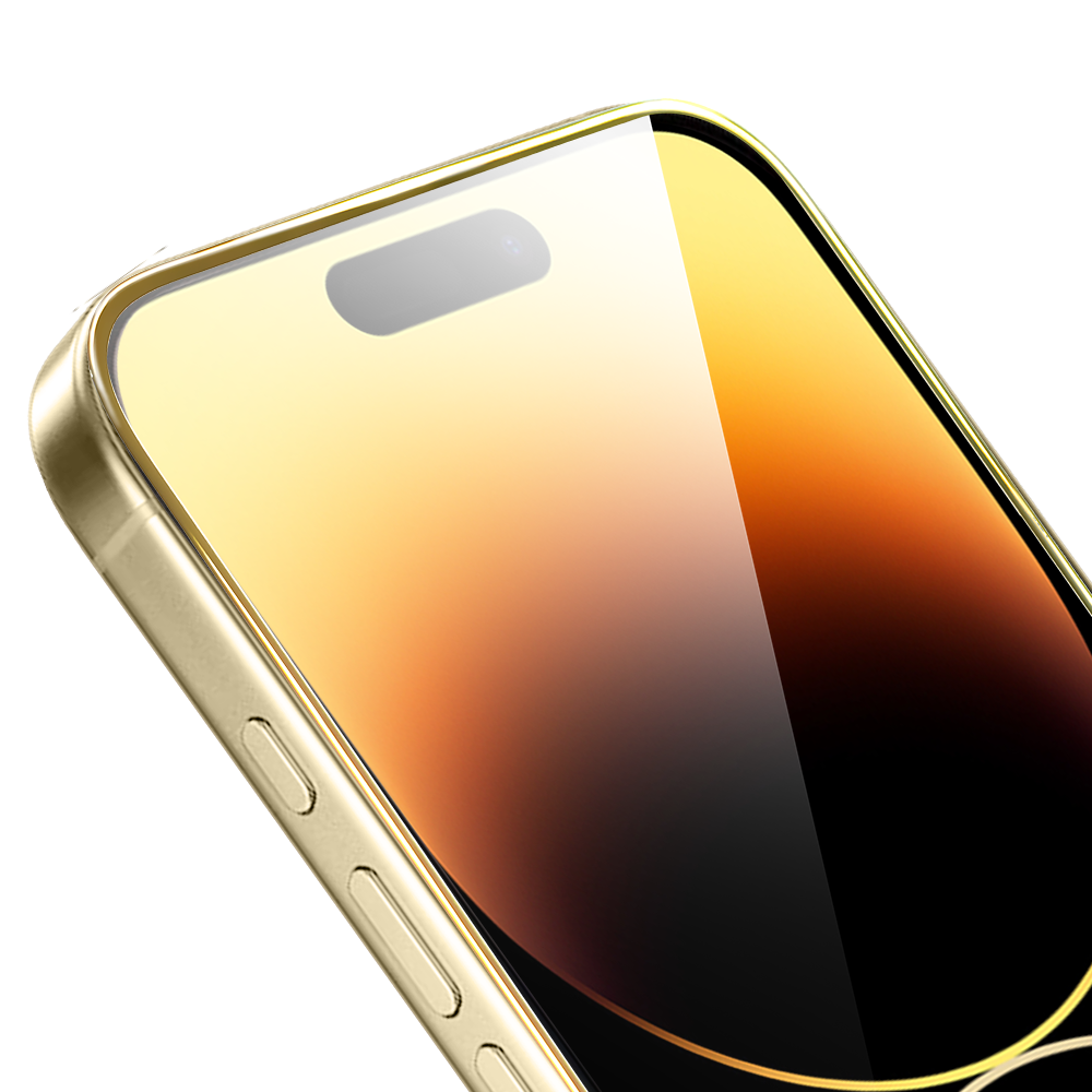 Szkło hartowane 9H do iPhone 14 Pro Max, twarde wzmocnione z metalizowaną złotą ramką (1)