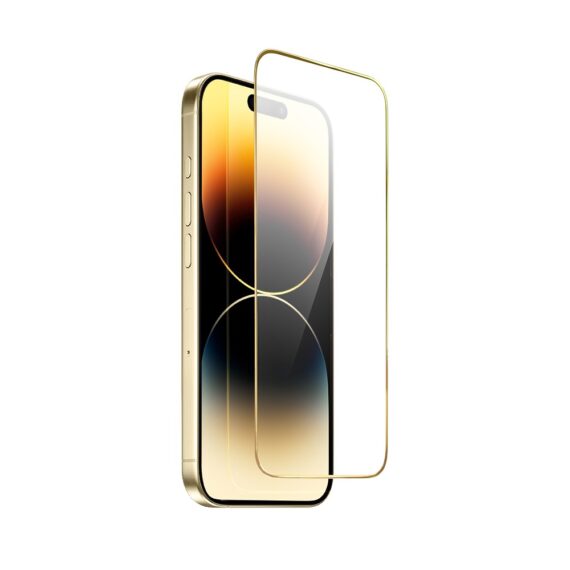Szkło hartowane 9H do iPhone 14 Pro Max, twarde wzmocnione z metalizowaną złotą ramką (2)