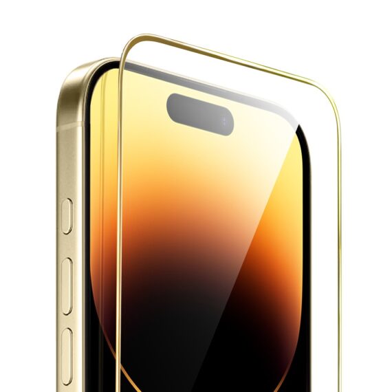 Szkło hartowane 9H do iPhone 14 Pro Max, twarde wzmocnione z metalizowaną złotą ramką (3)