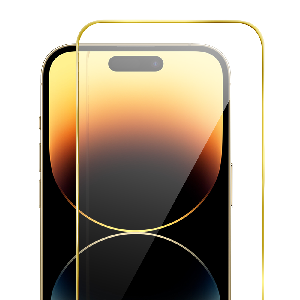 Szkło hartowane 9H do iPhone 14 Pro Max, twarde wzmocnione z metalizowaną złotą ramką (4)