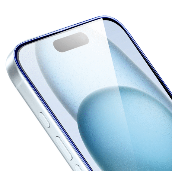 Szkło hartowane 9H do iPhone 15, twarde wzmocnione z metalizowaną niebieską ramką (1)