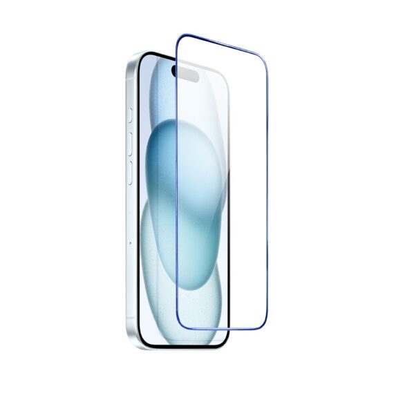 Szkło hartowane 9H do iPhone 15, twarde wzmocnione z metalizowaną niebieską ramką (2)
