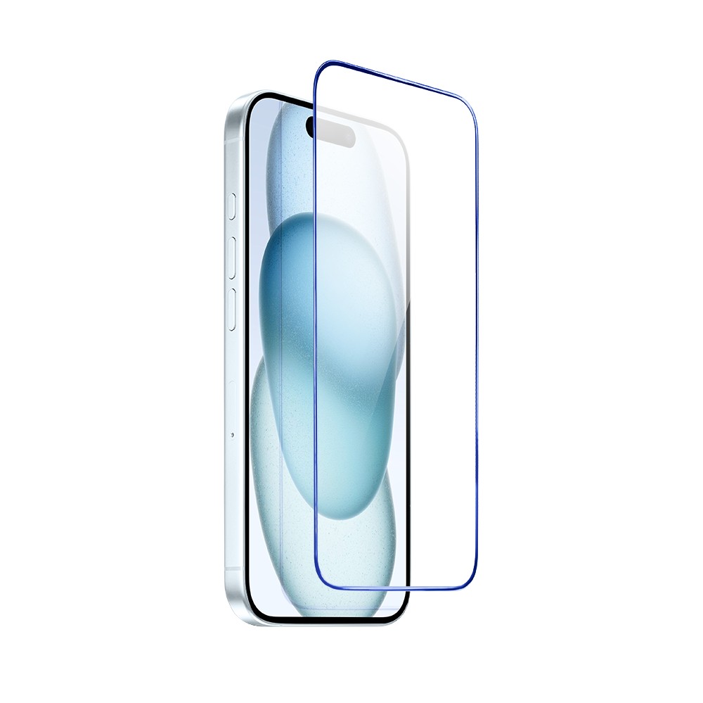 Szkło hartowane 9H do iPhone 15, twarde wzmocnione z metalizowaną niebieską ramką (2)