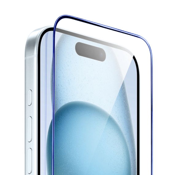 Szkło hartowane 9H do iPhone 15, twarde wzmocnione z metalizowaną niebieską ramką (3)