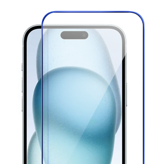 Szkło hartowane 9H do iPhone 15, twarde wzmocnione z metalizowaną niebieską ramką (4)