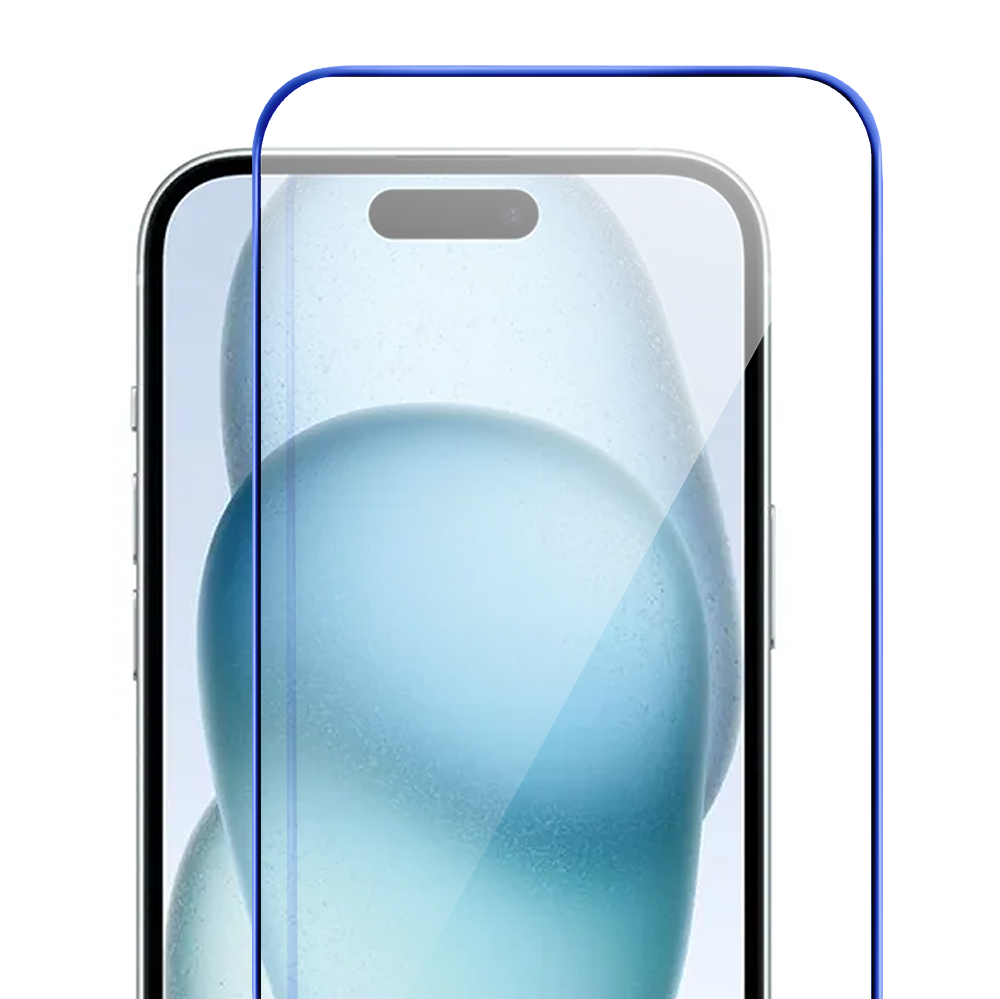Szkło hartowane 9H do iPhone 15, twarde wzmocnione z metalizowaną niebieską ramką (4)