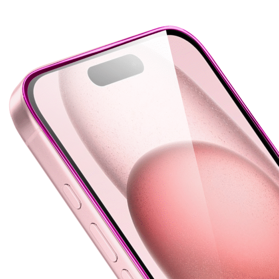 Szkło hartowane 9H do iPhone 15, twarde wzmocnione z metalizowaną różową ramką (1)