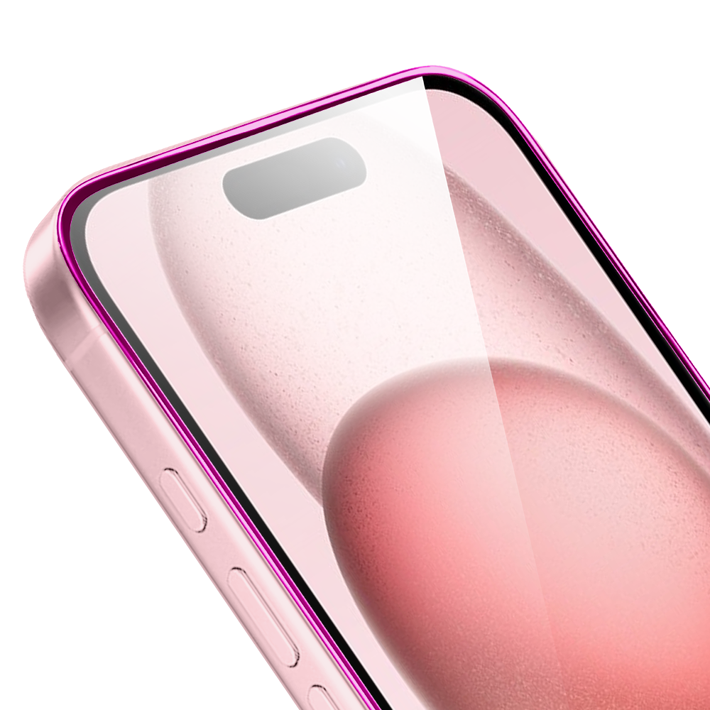 Szkło hartowane 9H do iPhone 15, twarde wzmocnione z metalizowaną różową ramką (1)