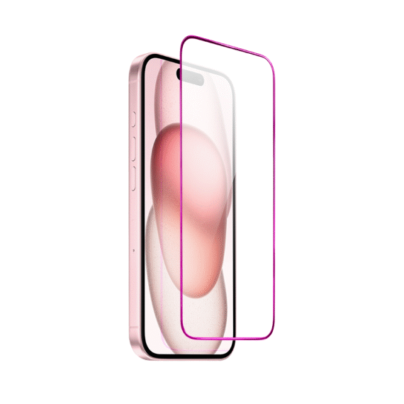 Szkło hartowane 9H do iPhone 15, twarde wzmocnione z metalizowaną różową ramką (2)