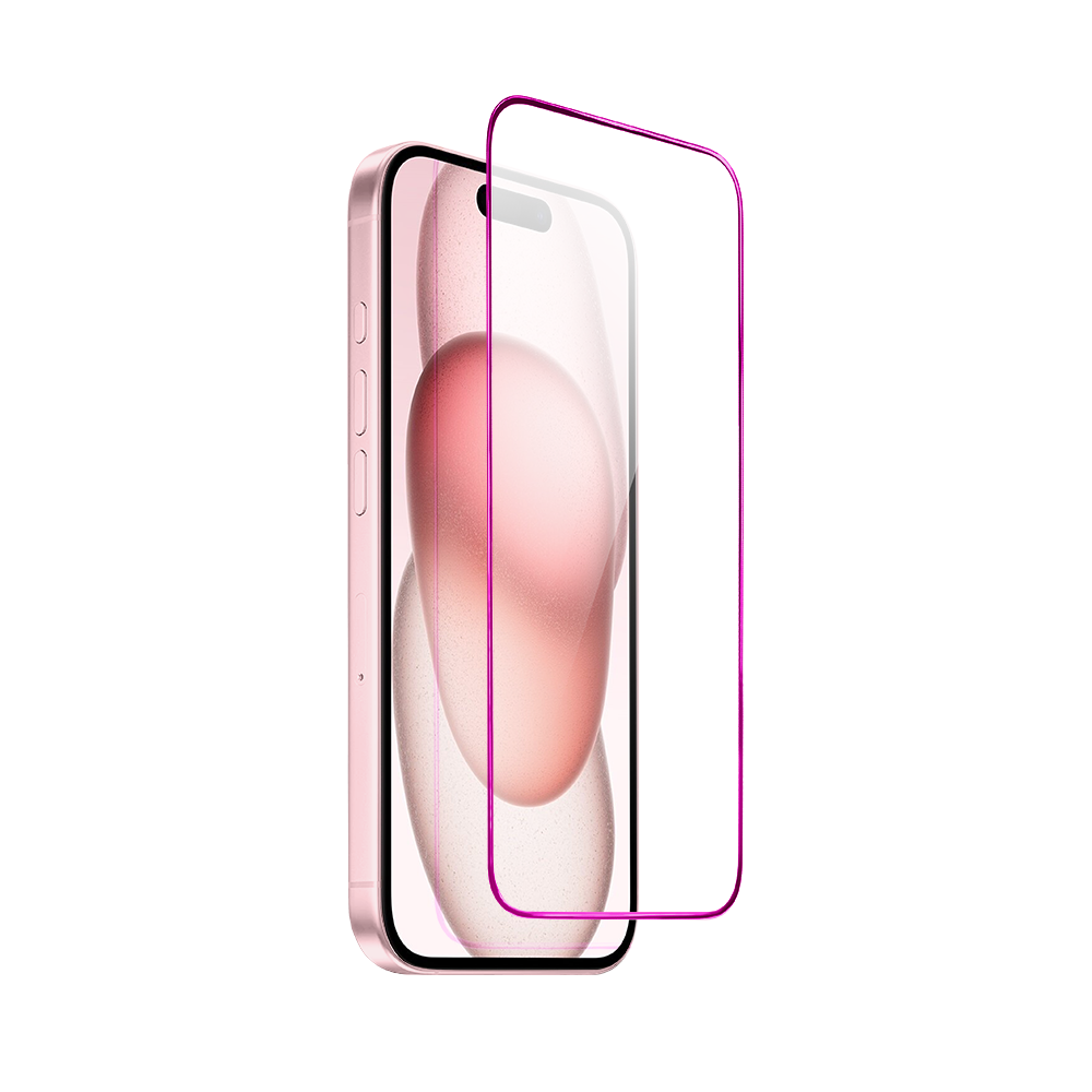 Szkło hartowane 9H do iPhone 15, twarde wzmocnione z metalizowaną różową ramką (2)