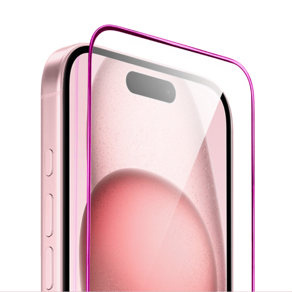 Szkło hartowane 9H do iPhone 15, twarde wzmocnione z metalizowaną różową ramką (3)