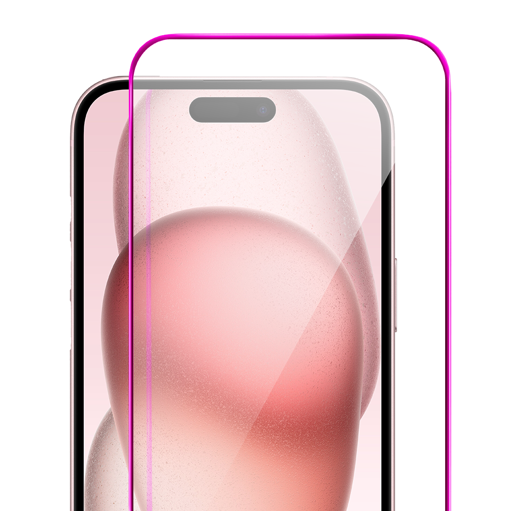 Szkło hartowane 9H do iPhone 15, twarde wzmocnione z metalizowaną różową ramką (4)