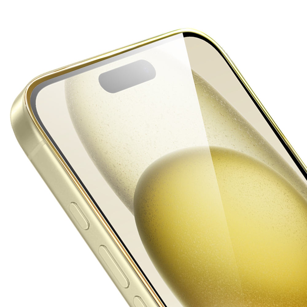 Szkło hartowane 9H do iPhone 15, twarde wzmocnione z metalizowaną złotą ramką (1)