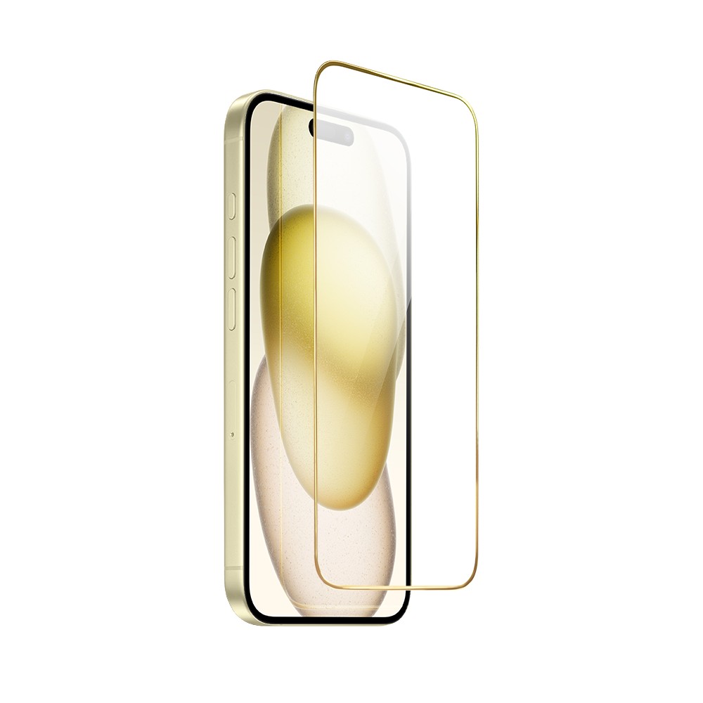 Szkło hartowane 9H do iPhone 15, twarde wzmocnione z metalizowaną złotą ramką (2)