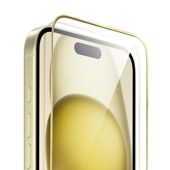Szkło hartowane 9H do iPhone 15, twarde wzmocnione z metalizowaną złotą ramką (3)