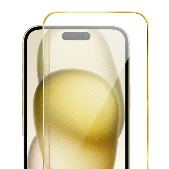 Szkło hartowane 9H do iPhone 15, twarde wzmocnione z metalizowaną złotą ramką (4)