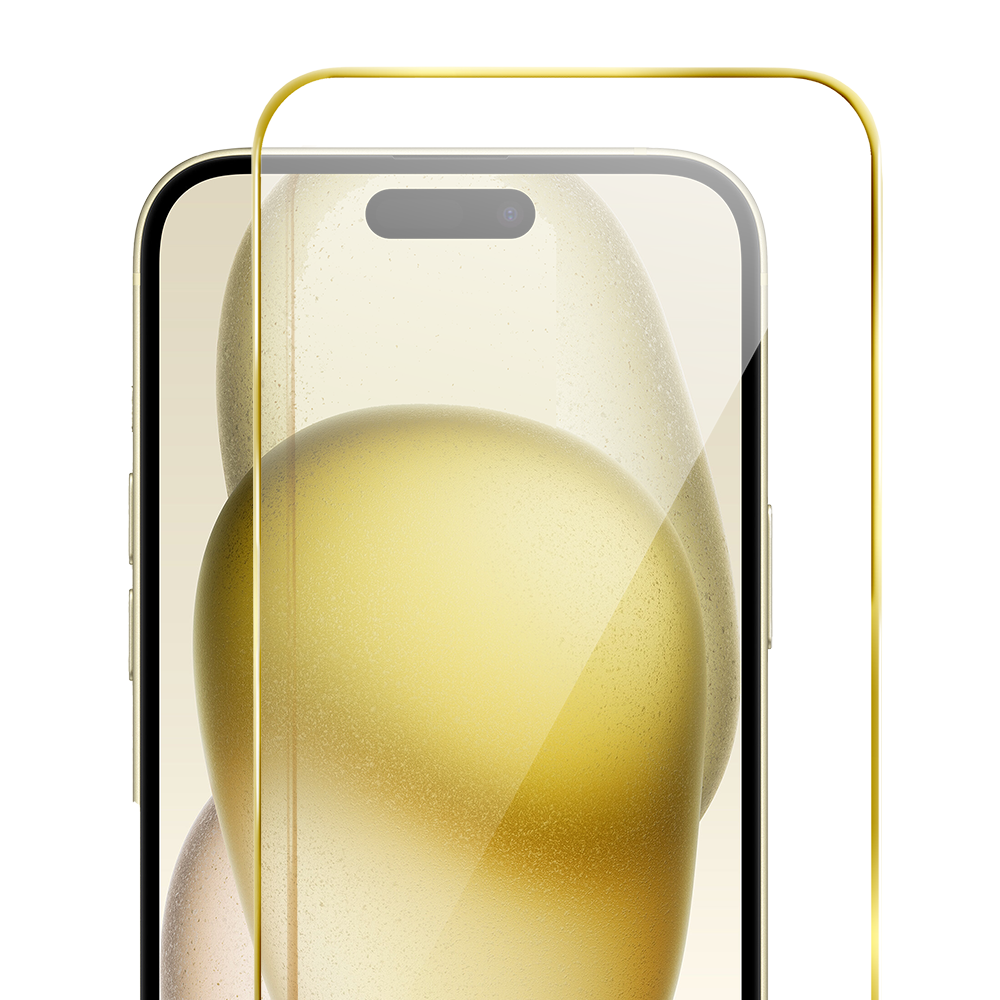 Szkło hartowane 9H do iPhone 15, twarde wzmocnione z metalizowaną złotą ramką (4)