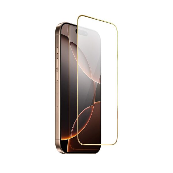 Szkło hartowane 9H do iPhone 16 Pro, twarde wzmocnione z metalizowaną złotą ramką 11