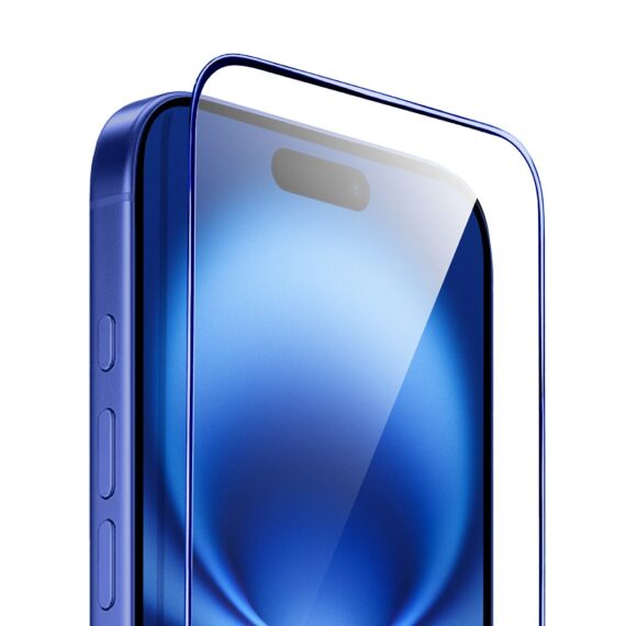 Szkło hartowane 9H do iPhone 16, twarde wzmocnione z metalizowaną niebieską ramką (3)