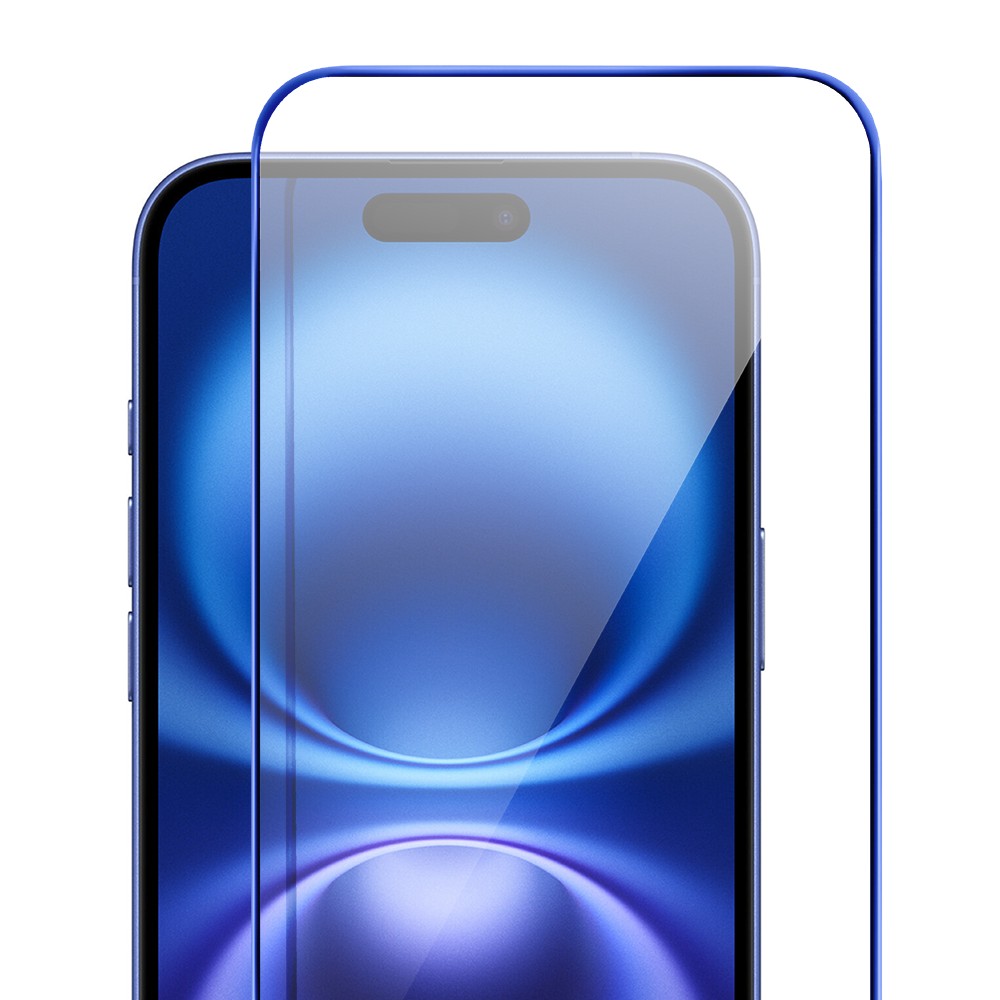Szkło hartowane 9H do iPhone 16, twarde wzmocnione z metalizowaną niebieską ramką (4)
