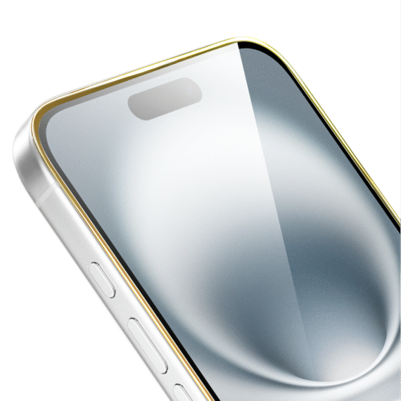 Szkło hartowane 9H do iPhone 16, twarde wzmocnione z metalizowaną złotą ramką (1)