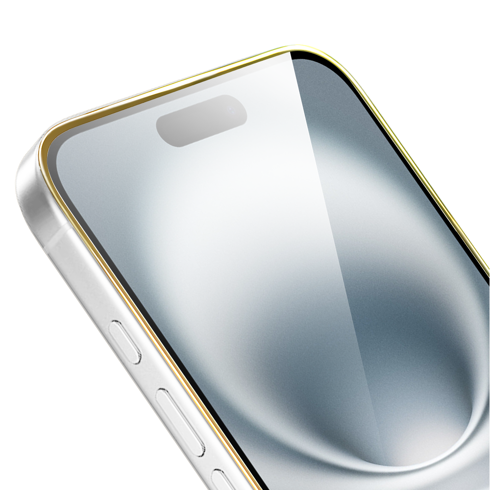Szkło hartowane 9H do iPhone 16, twarde wzmocnione z metalizowaną złotą ramką (1)