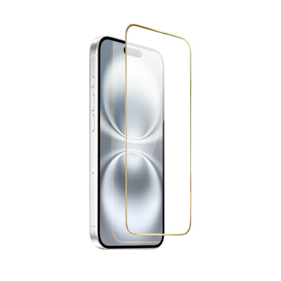 Szkło hartowane 9H do iPhone 16, twarde wzmocnione z metalizowaną złotą ramką (2)