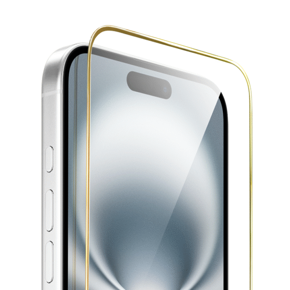 Szkło hartowane 9H do iPhone 16, twarde wzmocnione z metalizowaną złotą ramką (3)