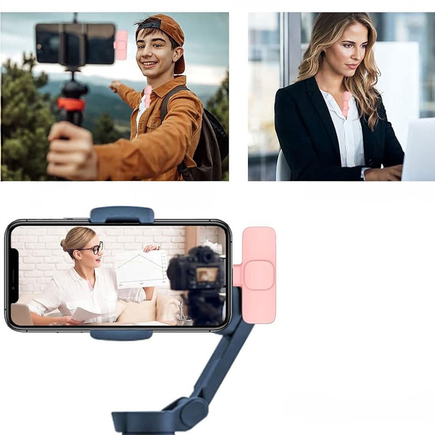 Bezprzewodowy mikrofon krawatowy z wejściem Lightning dla iPhone, z długim biało-czarnym włosiem, 2 w zestawie, różowy (1)