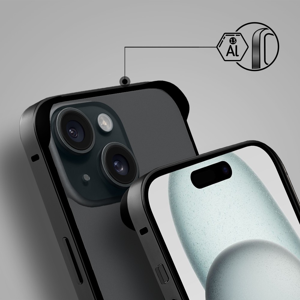 Bumper do iPhone 15, Metal Slim, metalowa ramka ochronna, czarny (10)